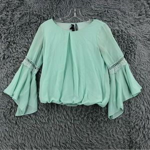 BCX Blouse Womens XS Bell Flare Sleeves Crotchet Lace Inserts